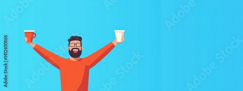 Obraz na płótnie Happy man celebrating with coffee cup and takeaway drink in hands w salonie