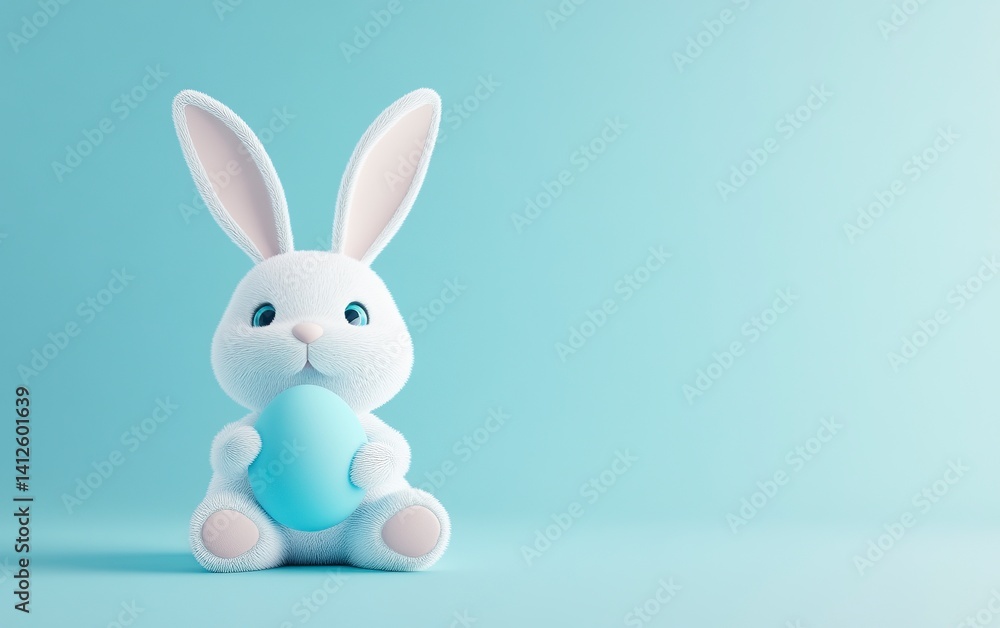 Fototapeta premium Photograph of a white Easter bunny sitting and holding a blue-colored egg on a pastel light blue background, an Easter concept, studio shot, photorealistic, 50 mm lens, no text or logo, isolated 