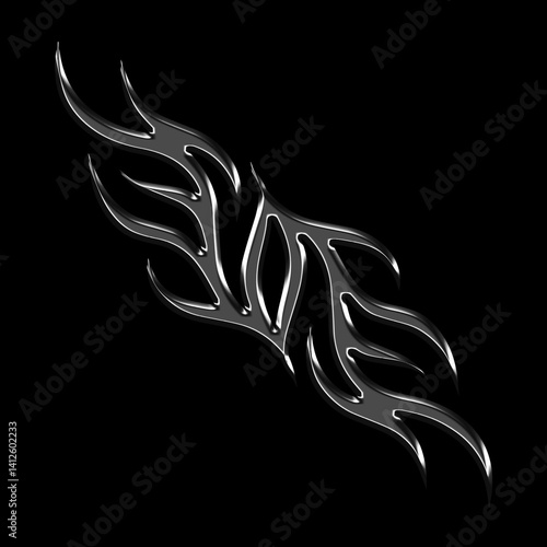3d chrome metal of y2k tribal sigilism tatto. Flame shape in liquid mercury. 3d illustration of abstract neo tribal cyber sigil metallic melted modern burn form, design element. 3D Illustration