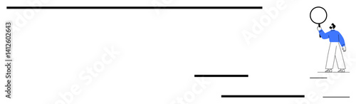 Person holding a magnifying glass examines horizontal lines, symbolizing research, curiosity, or information analysis. Ideal for analytics, exploration, problem-solving, discovery, research