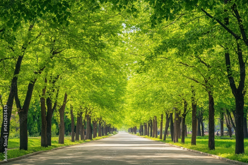 Naklejka premium Avenue of Trees with Vibrant Green Foliage in Early Spring Sunlight