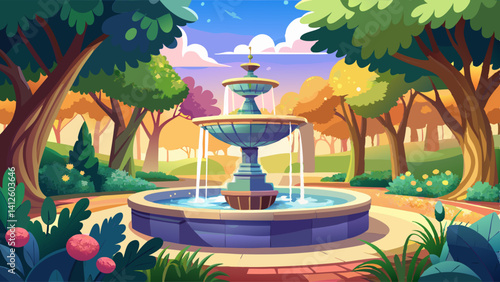 Central water fountain gushing in a tranquil park with trees casting soft shadows