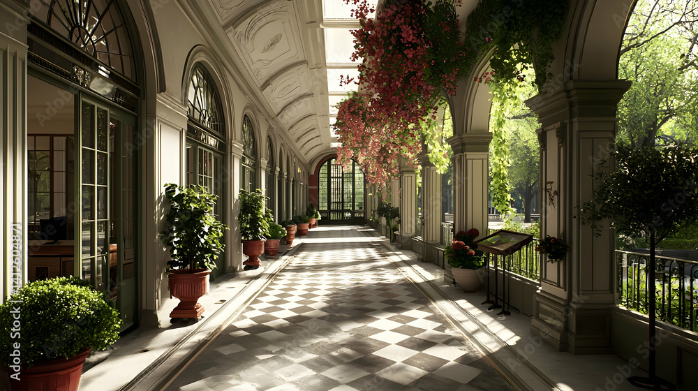 Fototapeta premium Sunlight Filled Elegant Indoor Hallway With Garden Views