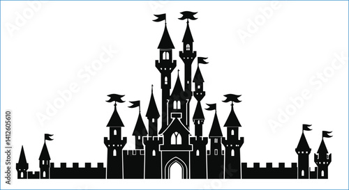 Black Silhouette Of A Fantasy Castle With Towers And Flags Waving