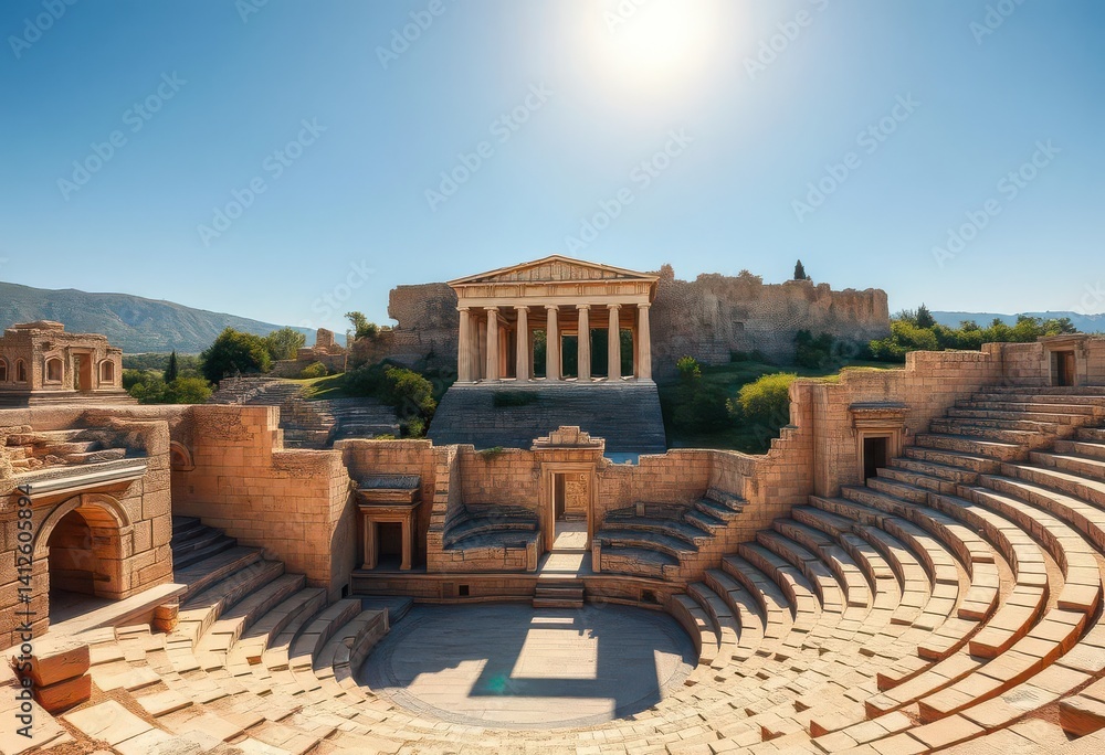 Obraz premium Sun-drenched, weathered stone amphitheater ruins against Acropolis backdrop, landscape, civilization