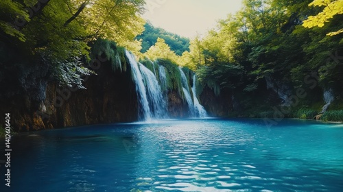 Picturesque waterfall cascading into a crystal clear turquoise lake surrounded by lush greenery