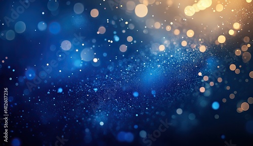 Abstract blue and gold bokeh background with sparkling dust particles