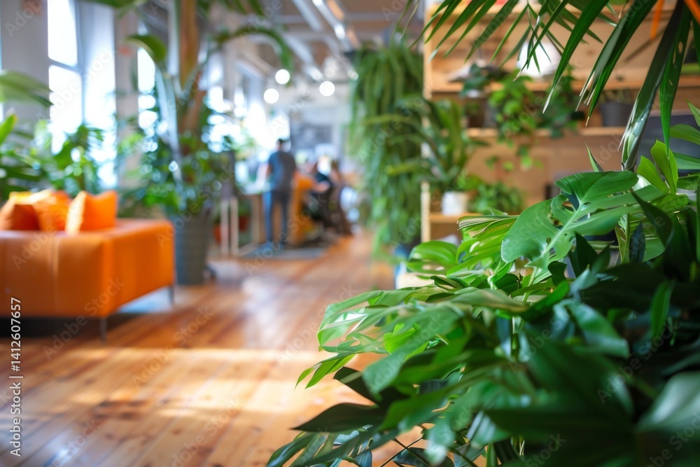 Fototapeta premium Environment concept. Green office space, Interior of a office with green plants and people in the background