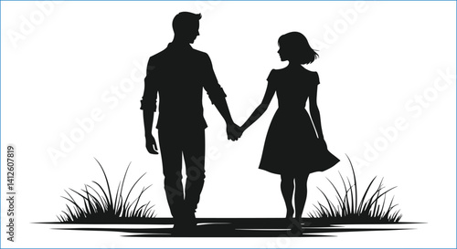Silhouette Of A Couple Walking Hand In Hand Outdoor Vector Illustration