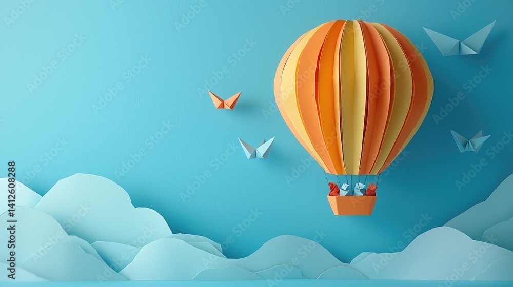 Obraz premium Paper Hot Air Balloon with Origami Birds Flying over Paper Mountains