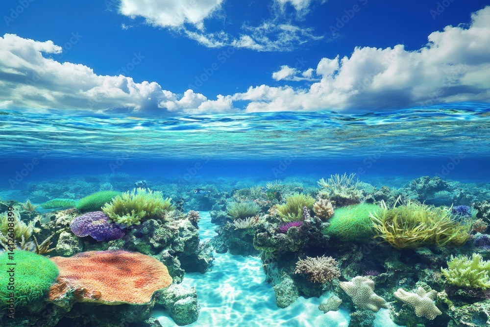 Fototapeta premium Vibrant underwater coral reef teeming with marine life and colorful vegetation