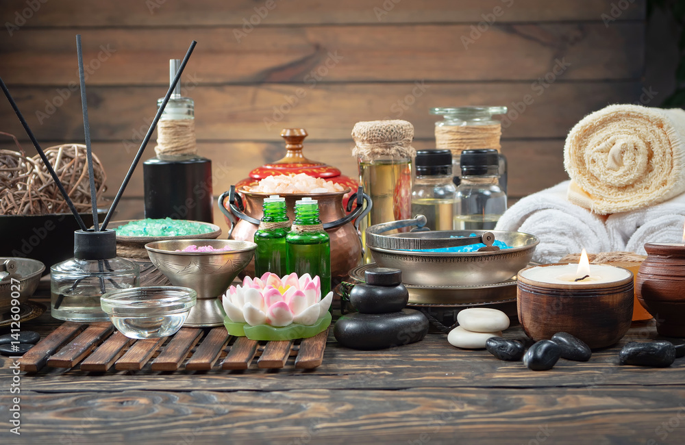Spa treatment with candles and towel on wooden table, closeup