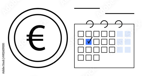 Euro coin next to calendar with highlighted date, symbolizing payments, budget tracking, deadlines, financial planning, scheduling, expense management, event organization. Ideal for finance