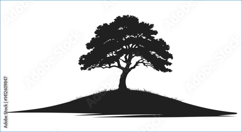 Solitary Tree Silhouette On A Hill In Graphic Black Tone Style