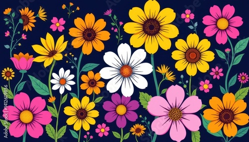 Wallpaper Mural Fun Floral Arrangement A fun arrangement of flowers featuring thick outlines and cheerful colors. Torontodigital.ca