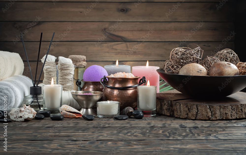 Spa treatment with candles and towel on wooden table, closeup