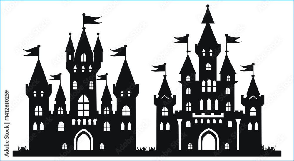 Fototapeta premium Two Black Silhouette Castles With Flags On A White Background