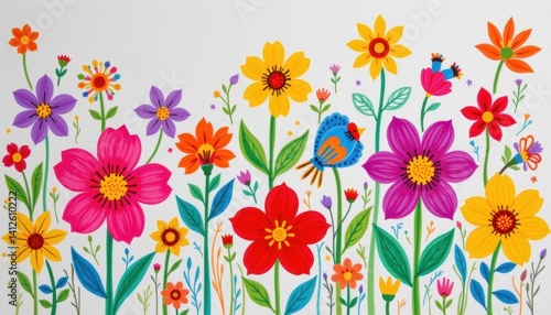 Wallpaper Mural Childlike Floral Wonder A whimsical depiction of flowers drawn in a childlike style with bright hues. Torontodigital.ca