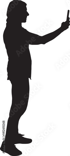 Vector; silhouette side view of a woman in sportswear taking a self-portrait