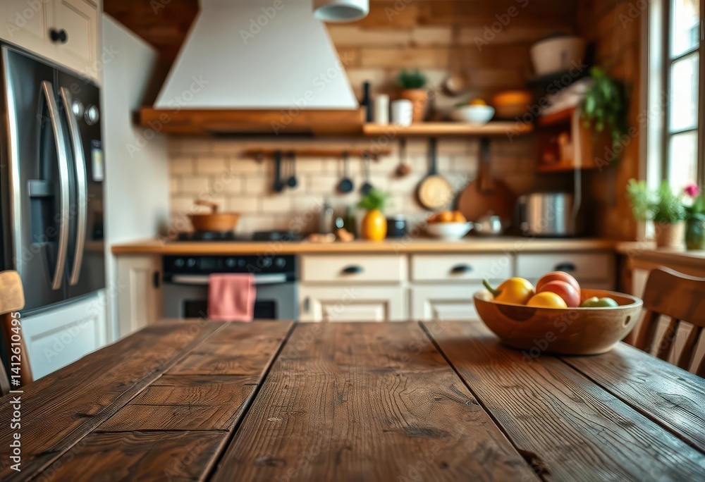 Warm, inviting kitchen scene; rustic wooden tabletop in focus, comfortable, blur Warm, inviting kitchen scene; rustic wooden tabletop in focus, comfortable, blur