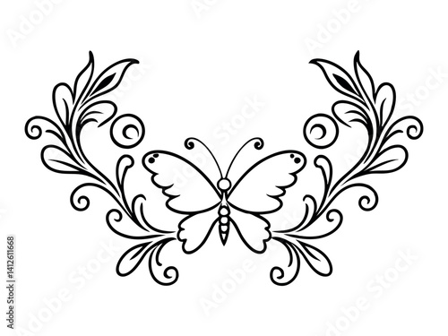 Hand-drawn artistic, ethnic, ornamental, patterned, floral frame with a butterfly