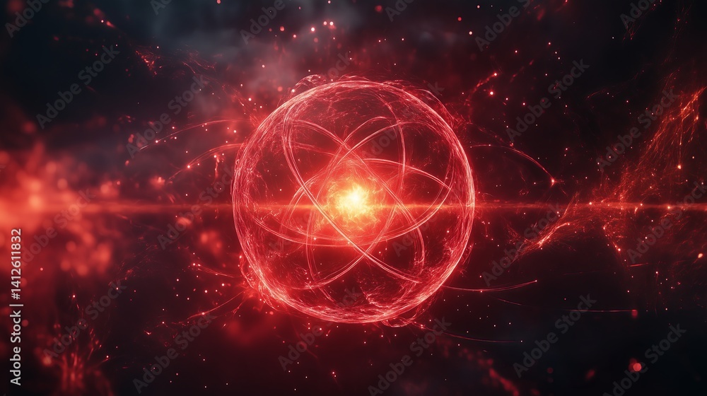 Obraz premium Geometric and mathematical symmetric and spherical atomic cloud with a red glow from.