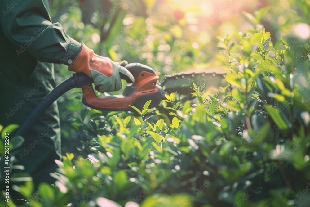 Naklejka premium Gardener trimming hedges with electric trimmer in well-maintained backyard garden
