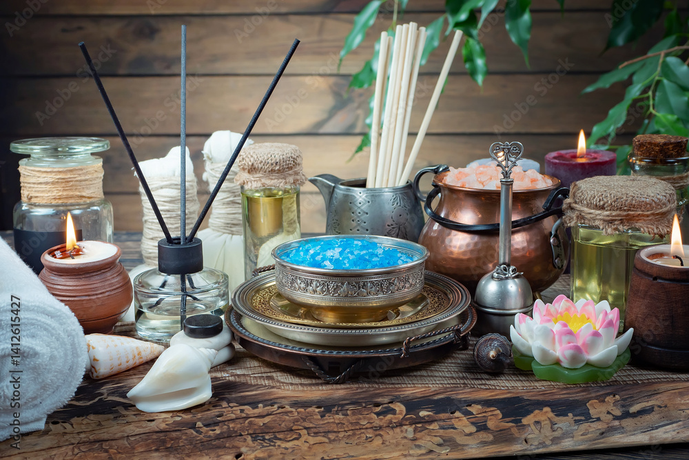 Spa treatment with candles and towel on wooden table, closeup