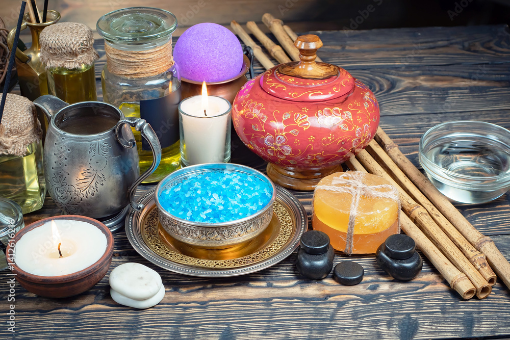 Spa treatment with candles and towel on wooden table, closeup