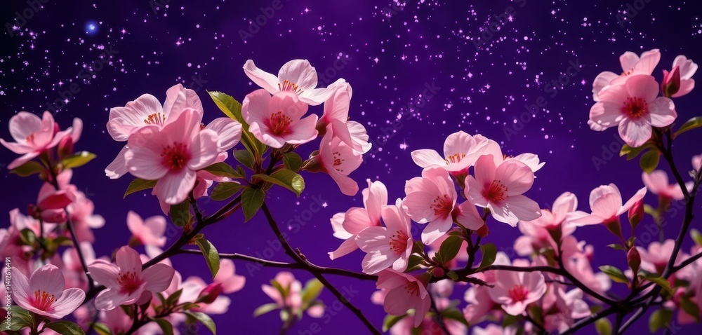 Peach blossoms bloom against a deep purple night sky, adorned with glittering stars, universe, stars Peach blossoms bloom against a deep purple night sky, adorned with glittering stars, universe, stars