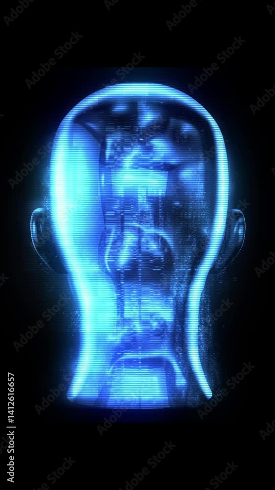 A pulsating digital holographic spinning female head. A pulsating digital holographic spinning female head.
