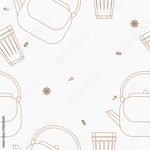 Editable Outline Side View Indian Masala Chai in Kettle and Glass Mug With Assorted Herb Spices Vector Illustration Seamless Pattern for South Asian Culture and Tradition Beverages Background