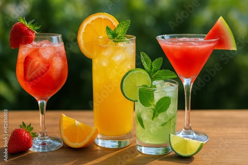 Refreshing Tropical Cocktails Served on Wooden Table During Sunny Day in Outd...