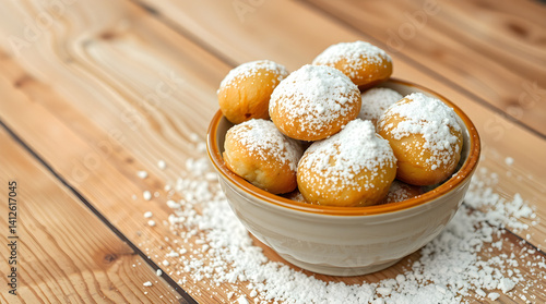  Croatian Fritule with Powdered Sugar in Ceramic Bowl on Wooden Table
