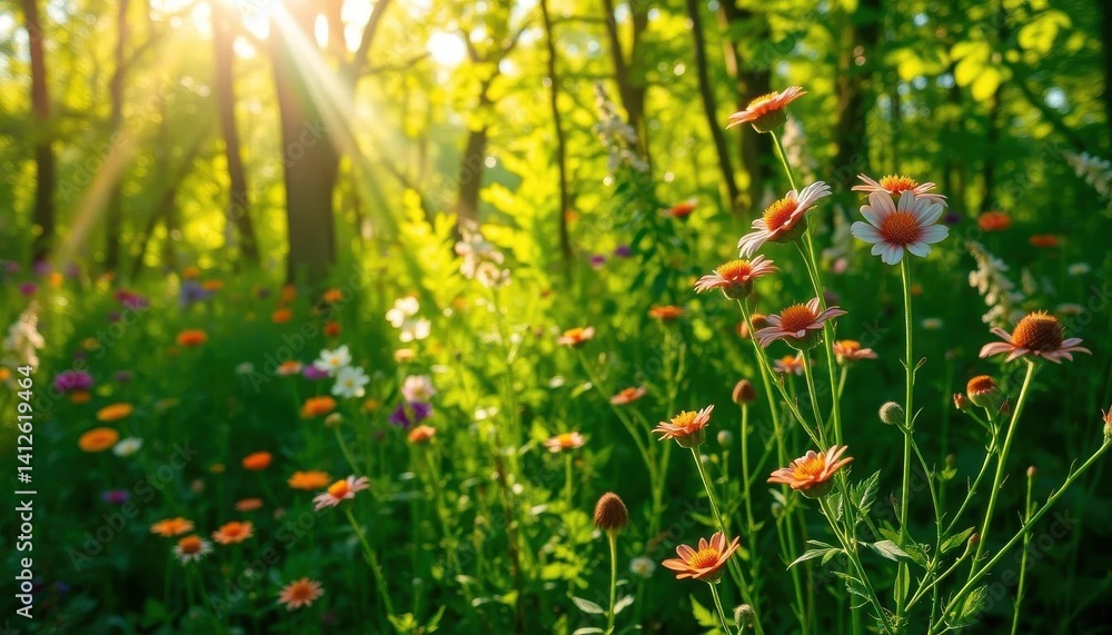 Sunlight dappling vibrant wildflowers in a lush green forest, blue, bloom Sunlight dappling vibrant wildflowers in a lush green forest, blue, bloom
