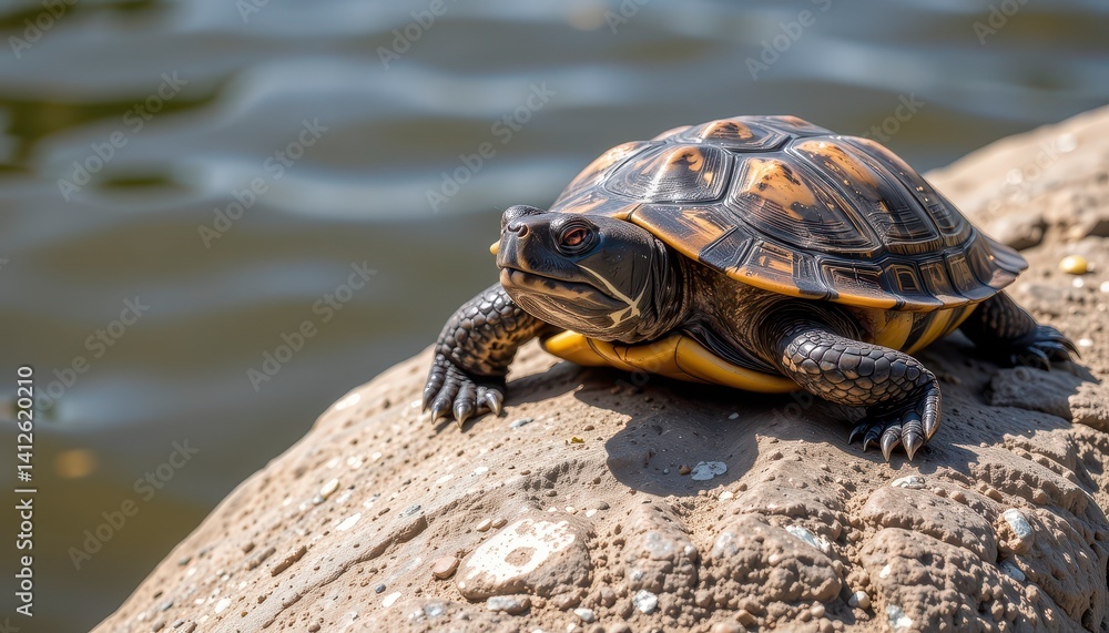 Close-up of a Colorful Turtle Relaxing on a Rock by the Water's Edge in Natural Habitat Close-up of a Colorful Turtle Relaxing on a Rock by the Water's Edge in Natural Habitat