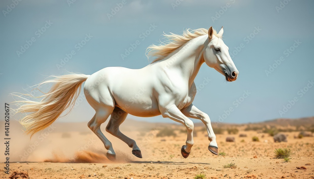 A majestic white stallion thundering across a dusty plain, its mane and tail flying, spirited, running A majestic white stallion thundering across a dusty plain, its mane and tail flying, spirited, running
