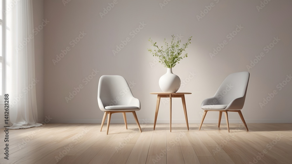 Fototapeta premium Minimalist Living Room Interior Design Two Armchairs and Side Table