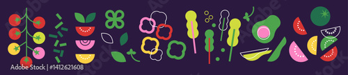 Decorative abstract veg food vector illustration with various veggies, fruit. Appetising vegetables collection. Greens icon set. Wide background for grocery poster, cover, banner. Healthy food concept