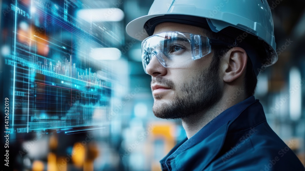 Man wearing hard hat and safety glasses looking at digital display in factory. Man wearing hard hat and safety glasses looking at digital display in factory.