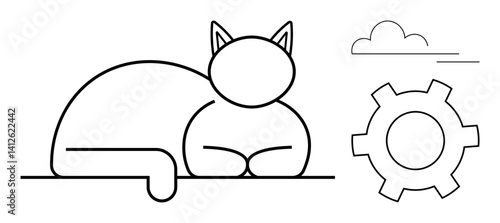 Cat reclining on a surface with abstract gear and cloud motifs in a clean line drawing style. Ideal for technology, productivity, creativity, pet-related themes, engineering, lifestyle, and simple