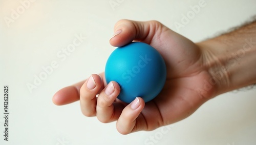 Close-up of hand holding a blue stress ball against a plain background
