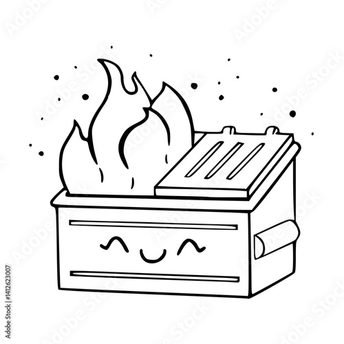 funny line art of dumpster fire with smiling face