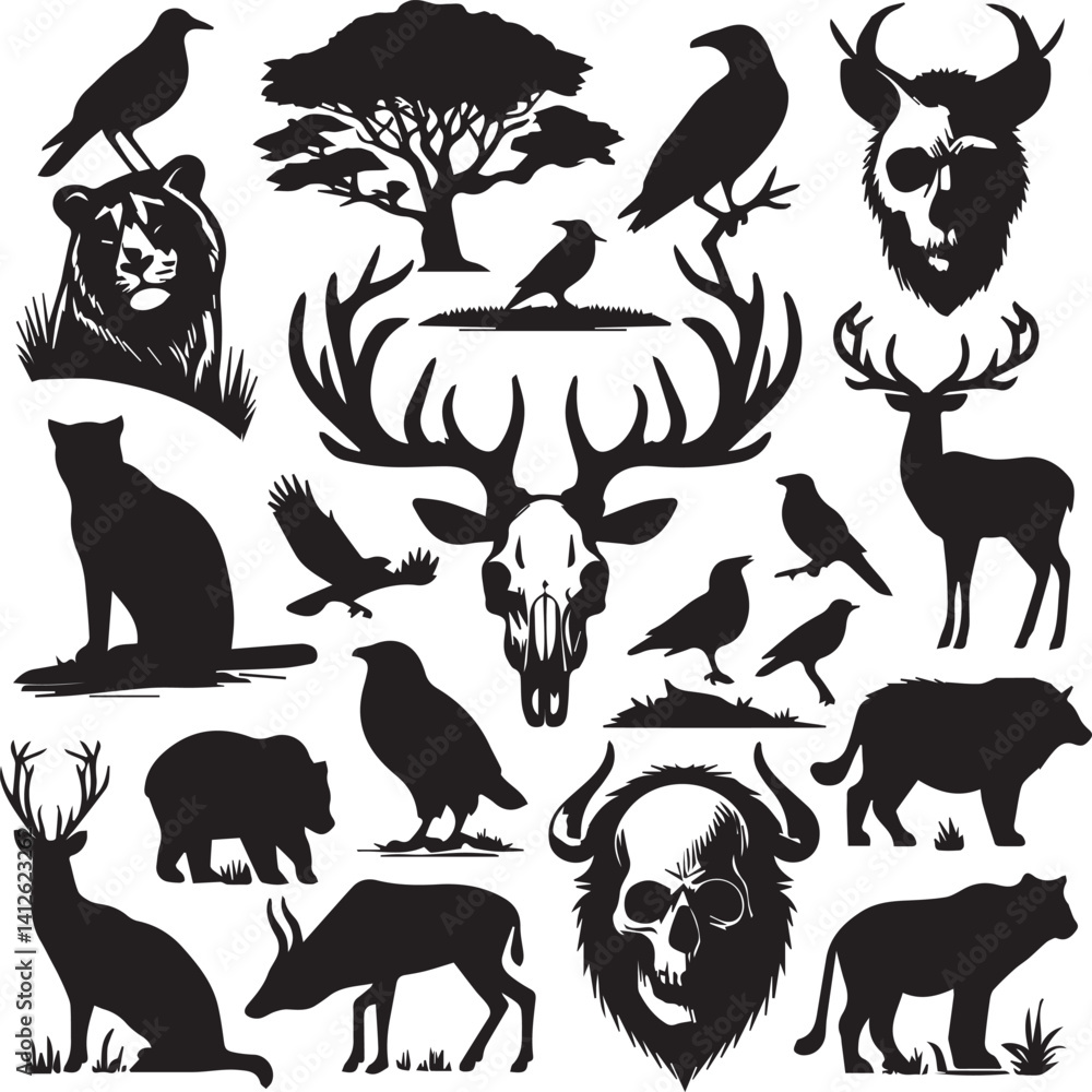 Naklejka premium Large Animal Silhouette Collection Silhouettes set of African wild animals in nature habitats