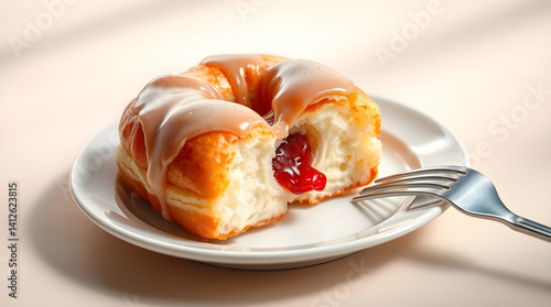 Polish Pączki with Fruit Filling and Glaze on White Plate with Fork
