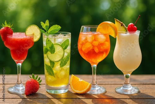 Refreshing Tropical Cocktails Served on Wooden Table During Sunny Day in Outdoor Setting