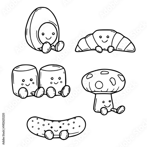 set of cute food characters outline in jellycat style