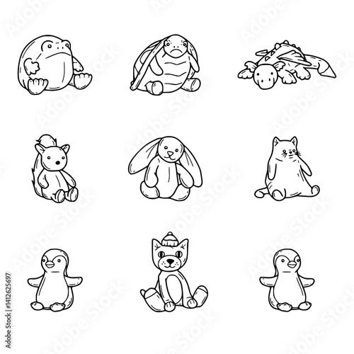 set of cute pet characters outline in jellycat style