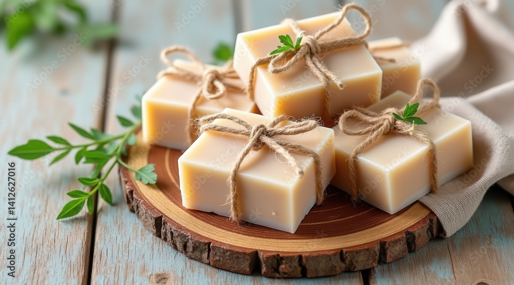 Handmade soaps arranged on a wooden board with decorative twine.