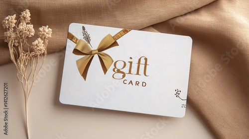 Elegant gold gift card on beige fabric.